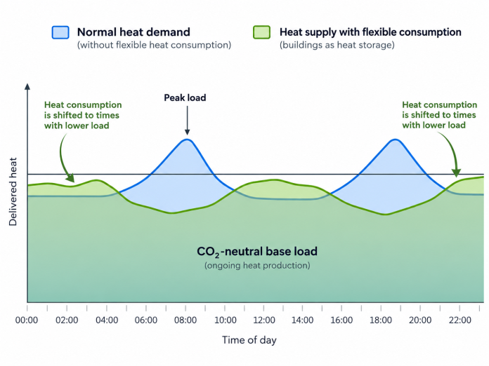 Illustration of flexible heat supply, where buildings act as small heat storage units. Heat consumption is shifted away from periods of peak demand, reducing peak loads on the heat supply system.