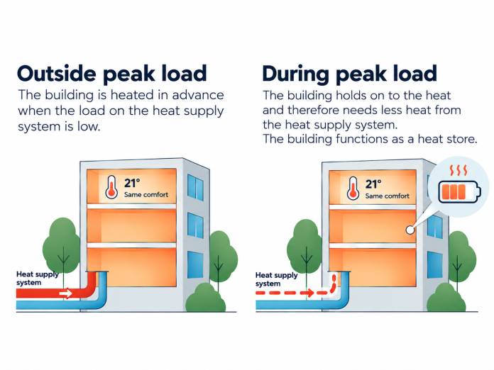 Illustration of a building storing heat outside peak load and therefore requiring less heat during peak load. The temperature and comfort remain the same.